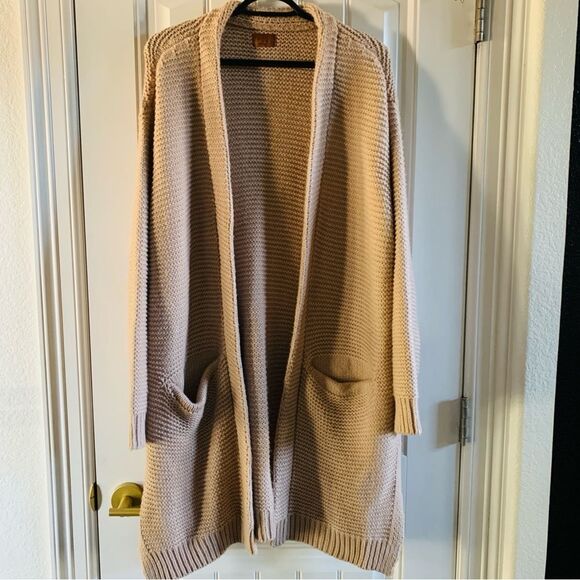 POL Sweaters - POL Beige Tan Chunky Knit Open Front Pocket Long Comfy Cozy Cardigan | Large
